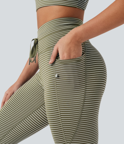 High Waisted Drawstring Striped Yoga Leggings with Pockets