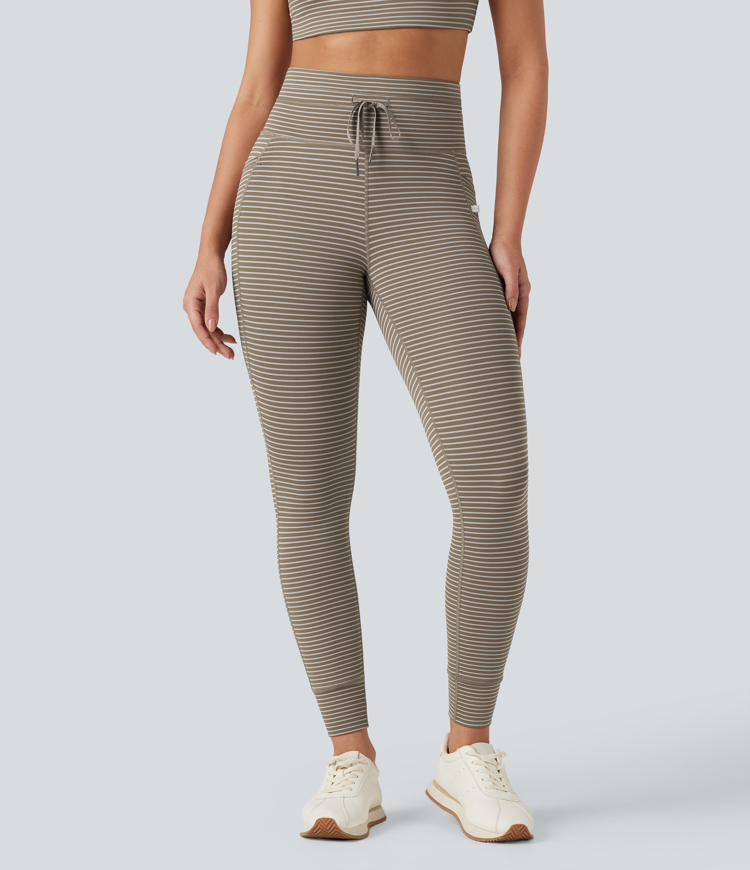 High Waisted Drawstring Striped Yoga Leggings with Pockets