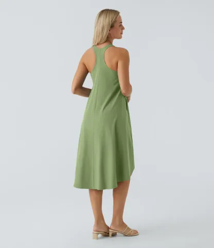Backless Side-Pocket High-Low Hem Flowy Mid-Length Quick-Drying Casual Dress