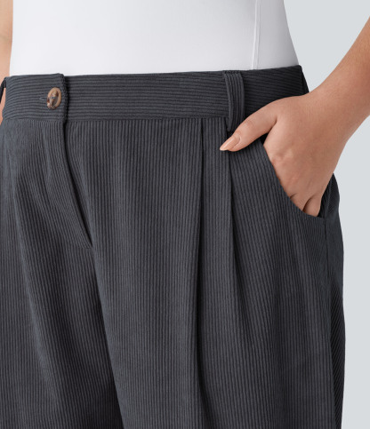 Mid Rise Zipper Pocket Plus Size Corduroy Casual Pants