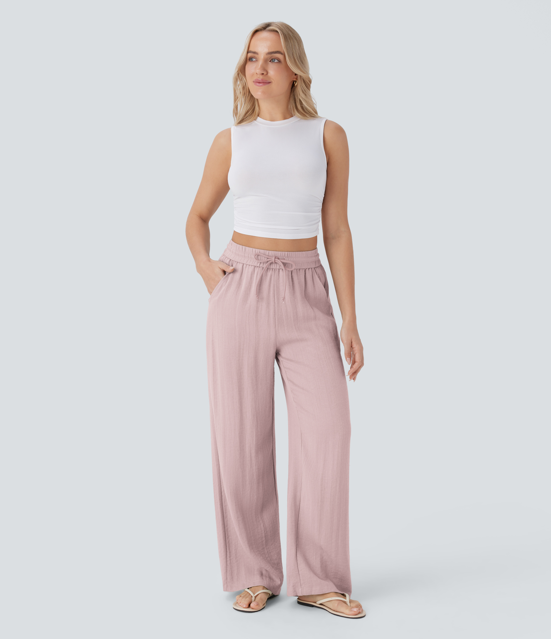 High Waisted Drawstring Pocket Wide Leg Casual Linen-Feel Pants