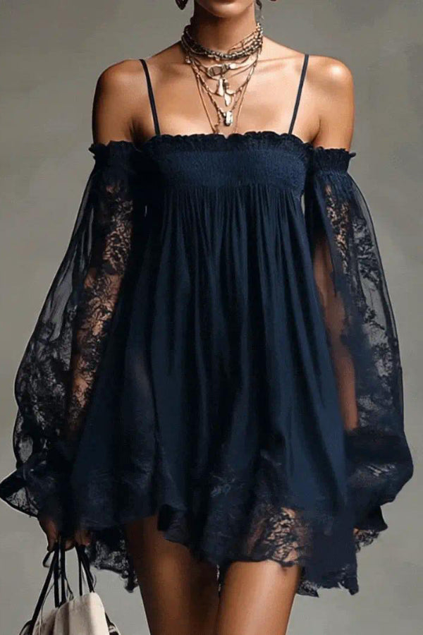 Fashionable Spaghetti Strap Lace Long-sleeved Loose Mini Dress