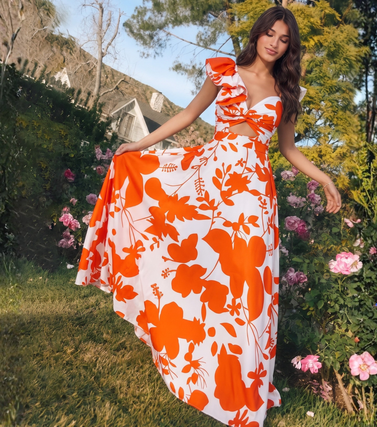 One Shoulder Ruffle Printed One Piece Swimsuit and Skirt