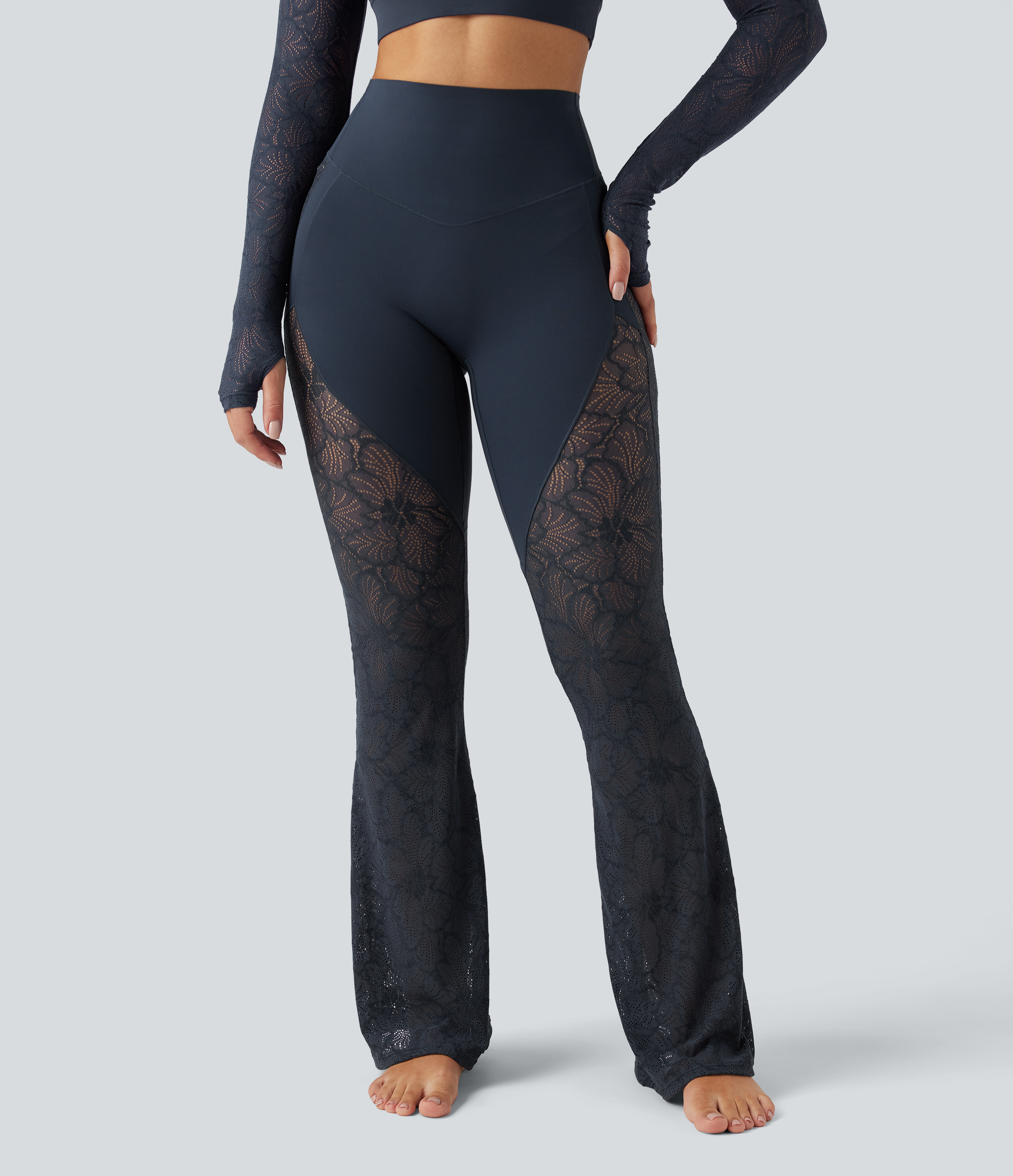 High Waisted Tummy Control Contrast Lace Yoga Flare Leggings with Pocket