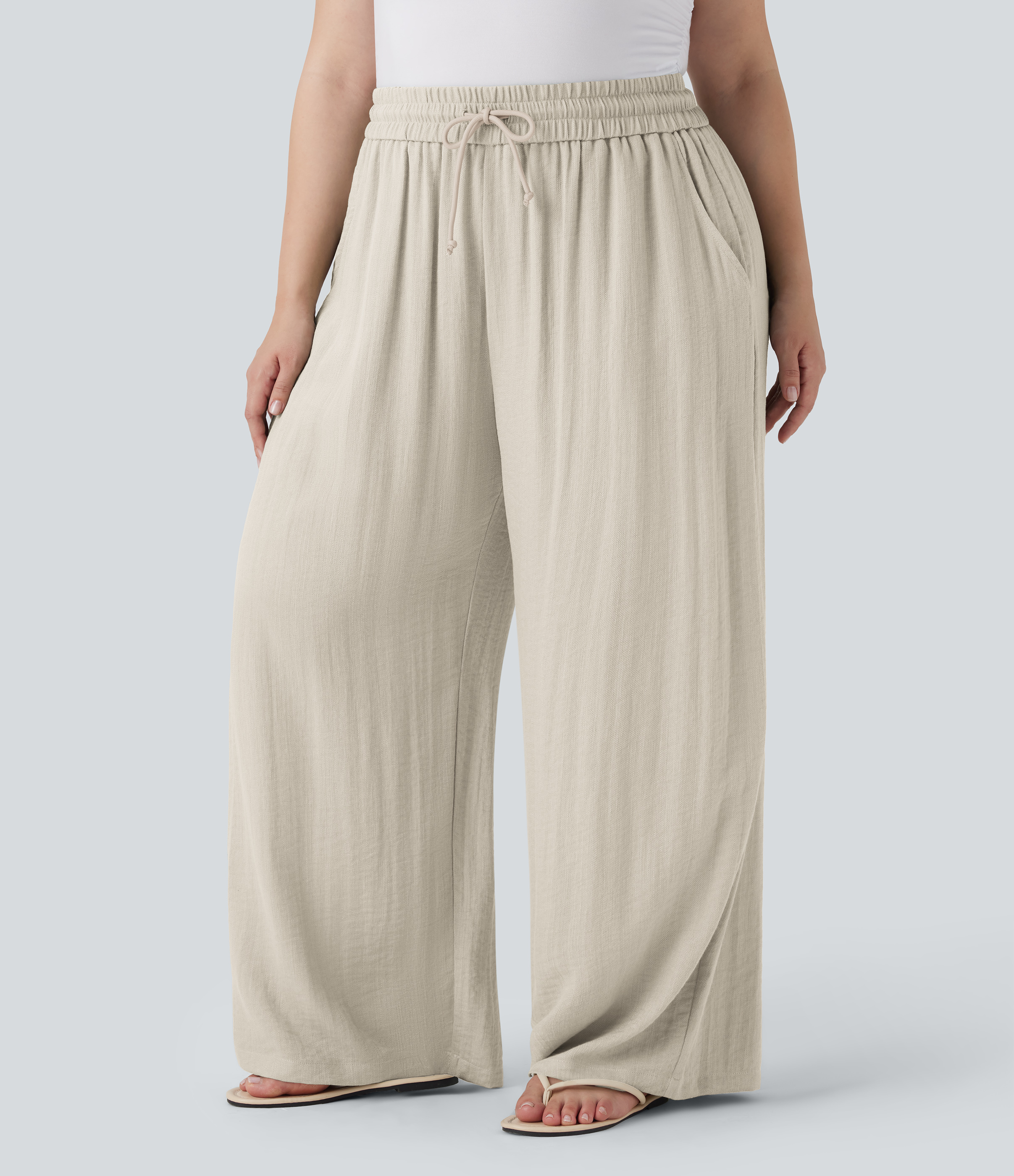 High Waisted Drawstring Linen-Feel Wide Leg Casual Plus Size Pants with Pockets