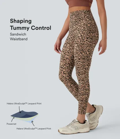 Leopard Print High Waisted Tummy Control Yoga Leggings with Pockets