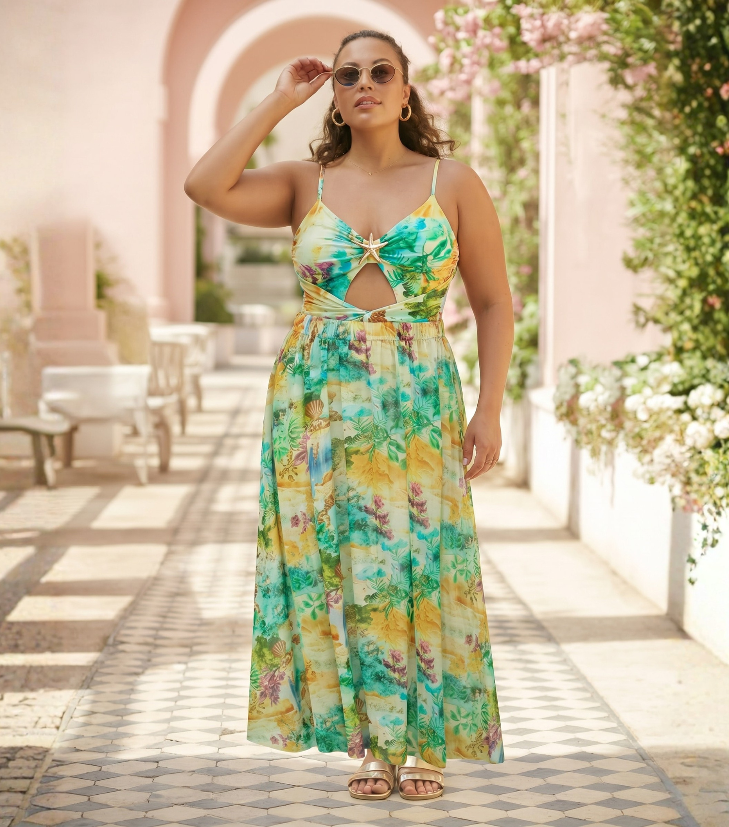 Plus Size Landscape Prints Hollow One Piece Swimsuit and Skirt