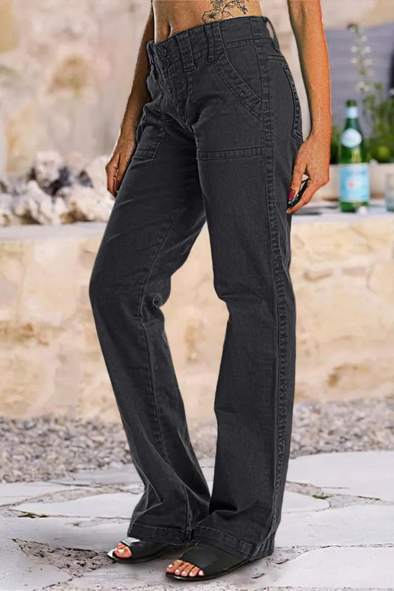 Double Button Mid Waist Straight Leg Pants