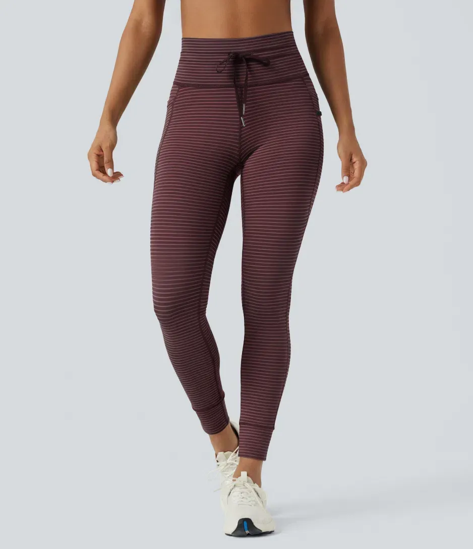 High Waisted Drawstring Striped Yoga Leggings with Pockets