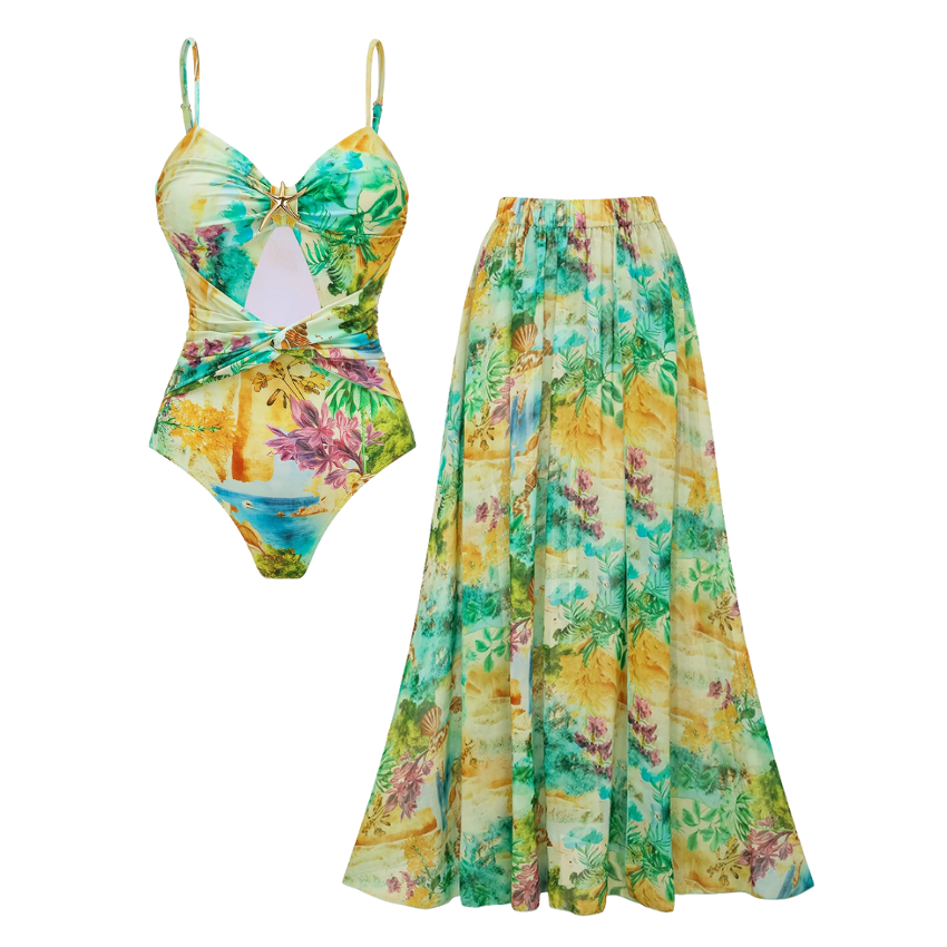 Plus Size Landscape Prints Hollow One Piece Swimsuit and Skirt