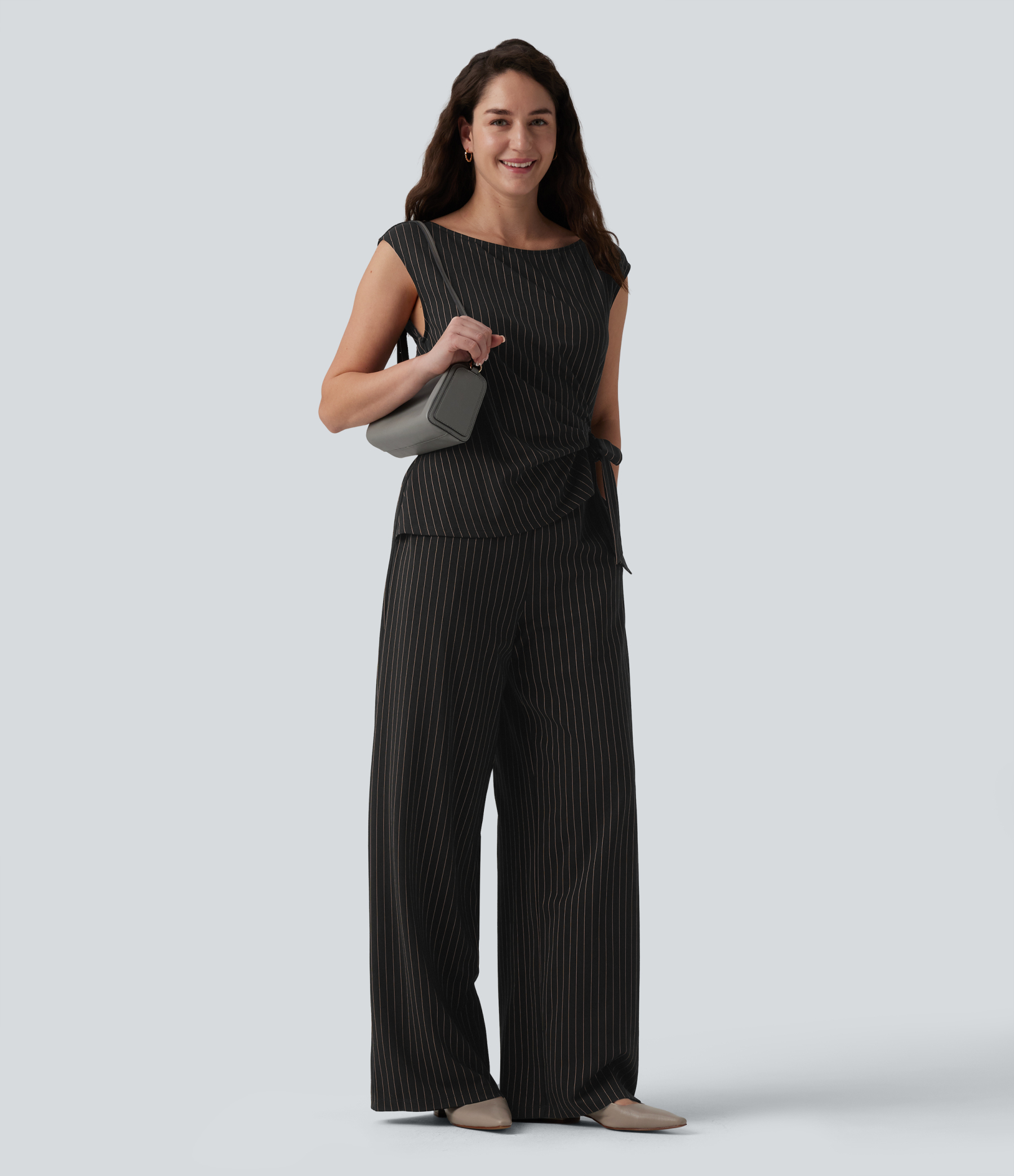 Boat Neck Sleeveless Tie Side Cool Touch Stripe Work Jumpsuit with Pockets-Easy Peezy Edition