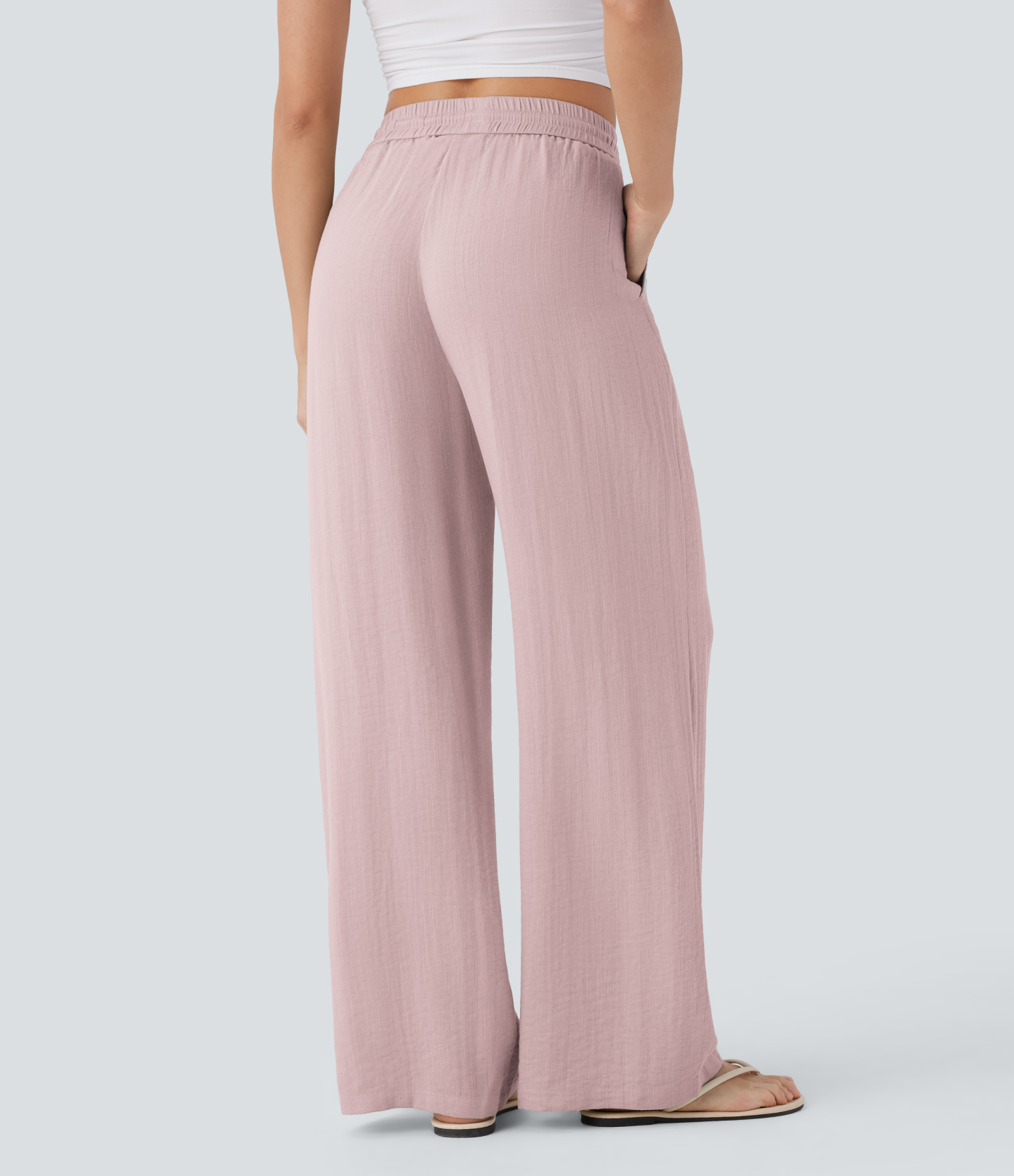 High Waisted Drawstring Pocket Wide Leg Casual Linen-Feel Pants