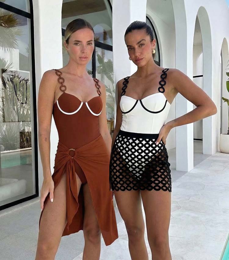 Ring Decoration Brown One Piece Swimsuit and Sarong