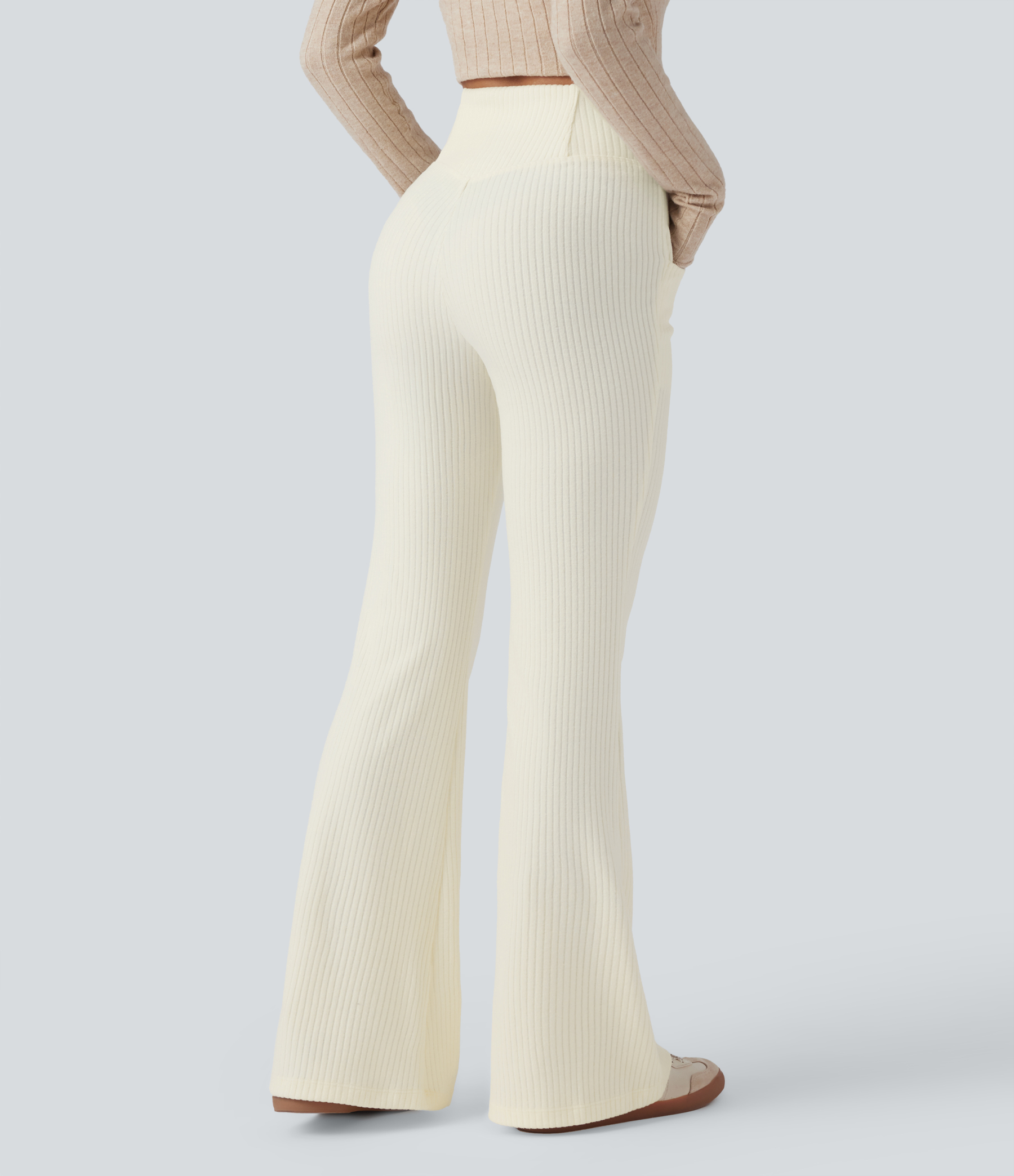 Ribbed Knit Crossover High Waisted Pocket Casual Flare Pants