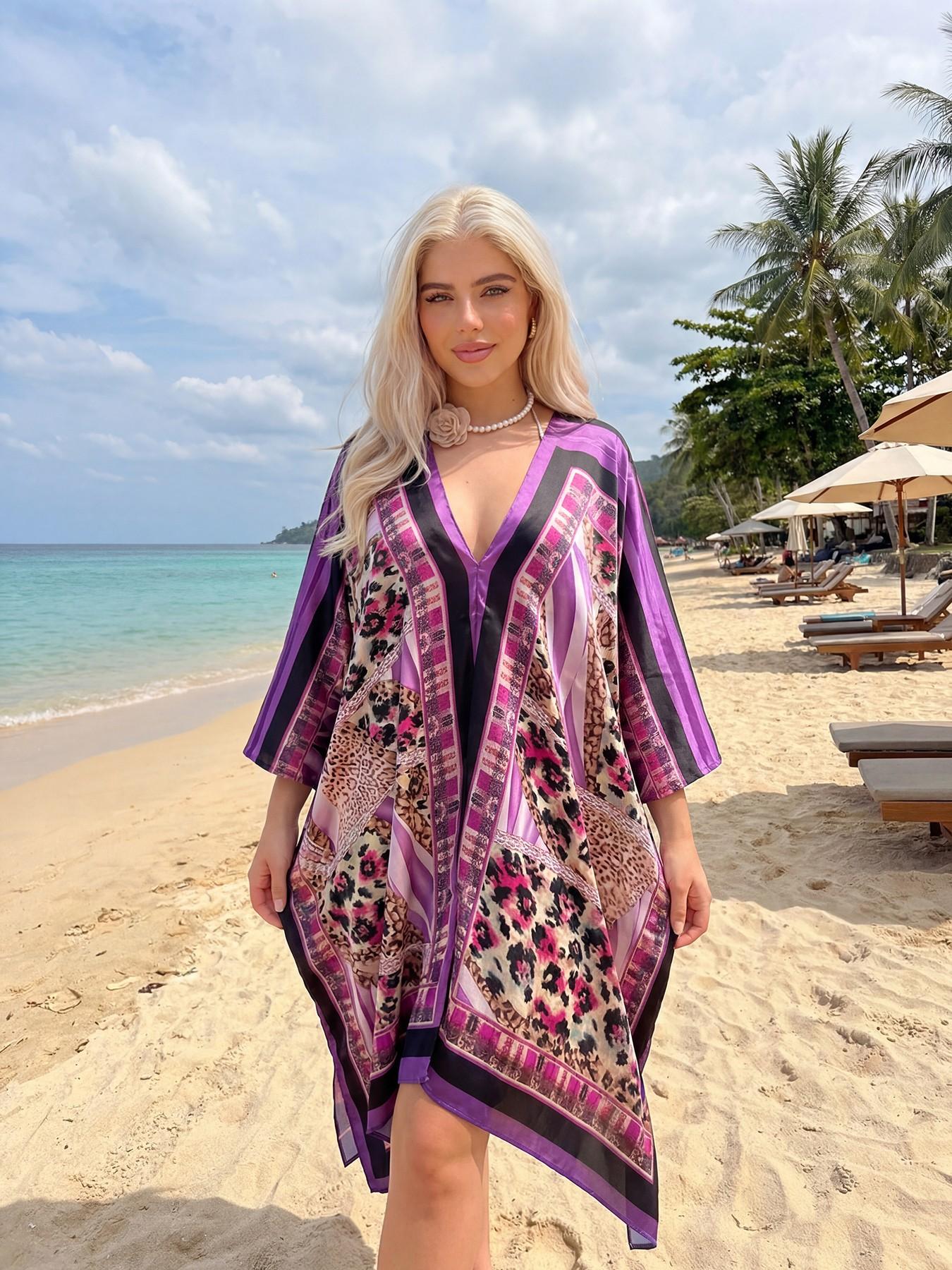 Women's Large V-Neck Shawl, Beach Cover-Up, Beach Coverups, V Neck Coverup, Loose Fit, Breathable, Eye-Catching Print, Perfect for Vacation & Daily Wear