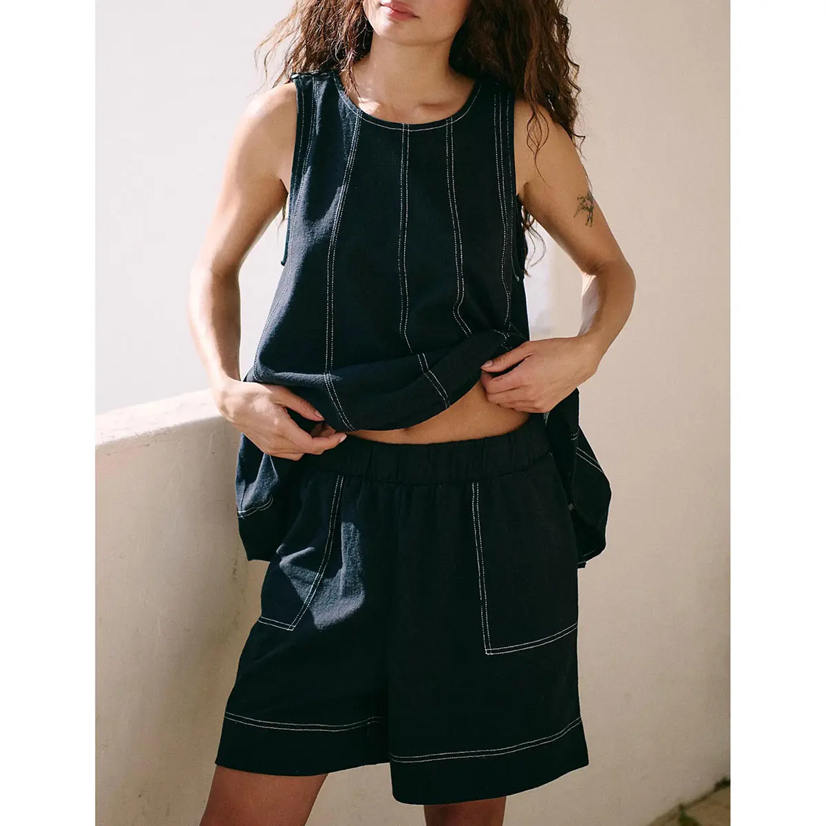 Cotton Two Piece Outfit - A-Line Tank & High-Waist Shorts