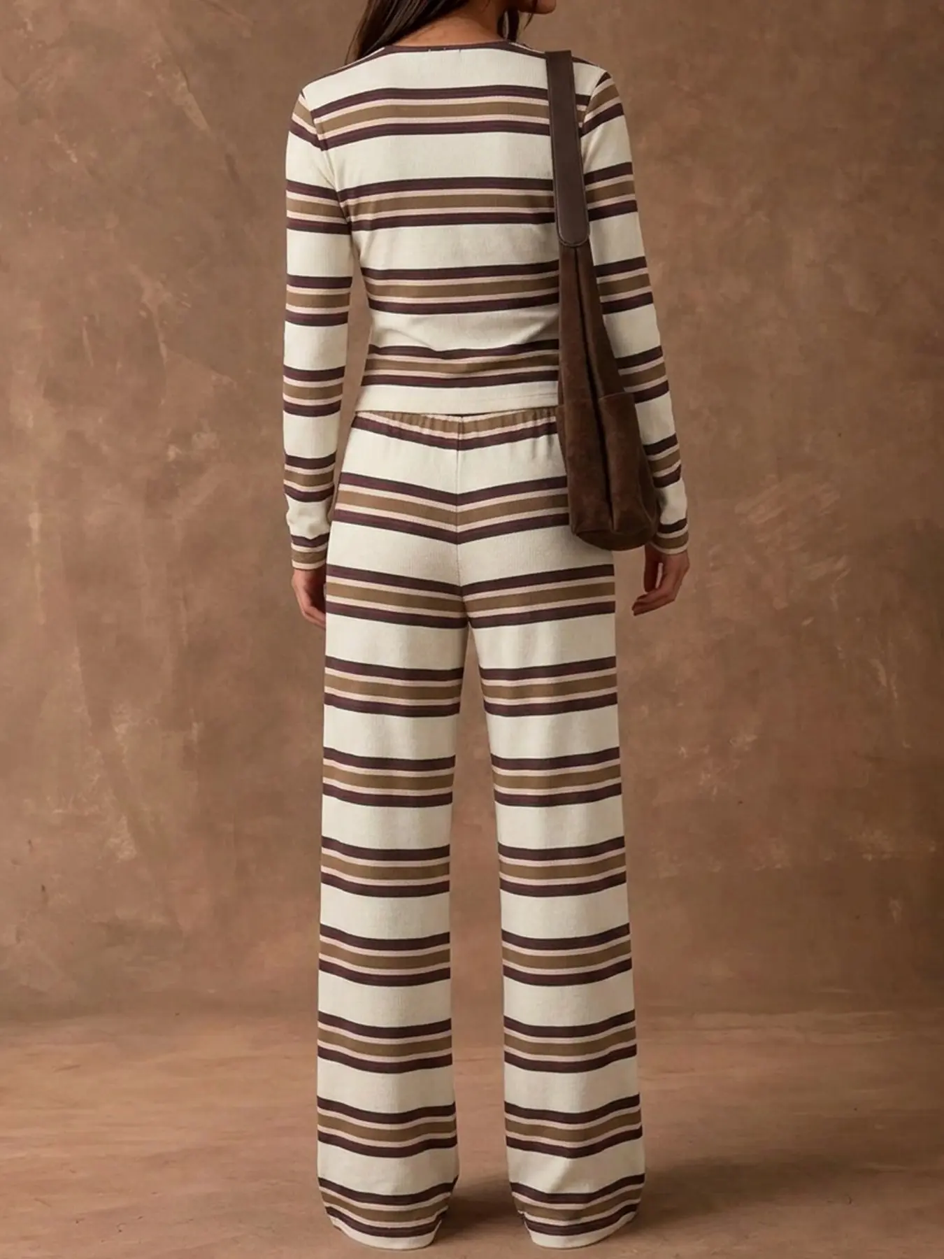 Women's Striped Knit Two-Piece Set, Crew Neck Long Sleeve Button Front Crop Top, Elastic Waist Drawstring Wide Leg Pants, Daily Casual Loungewear Vacation Wear, Soft Stretchy Breathable, Stretchy Outfit Sets