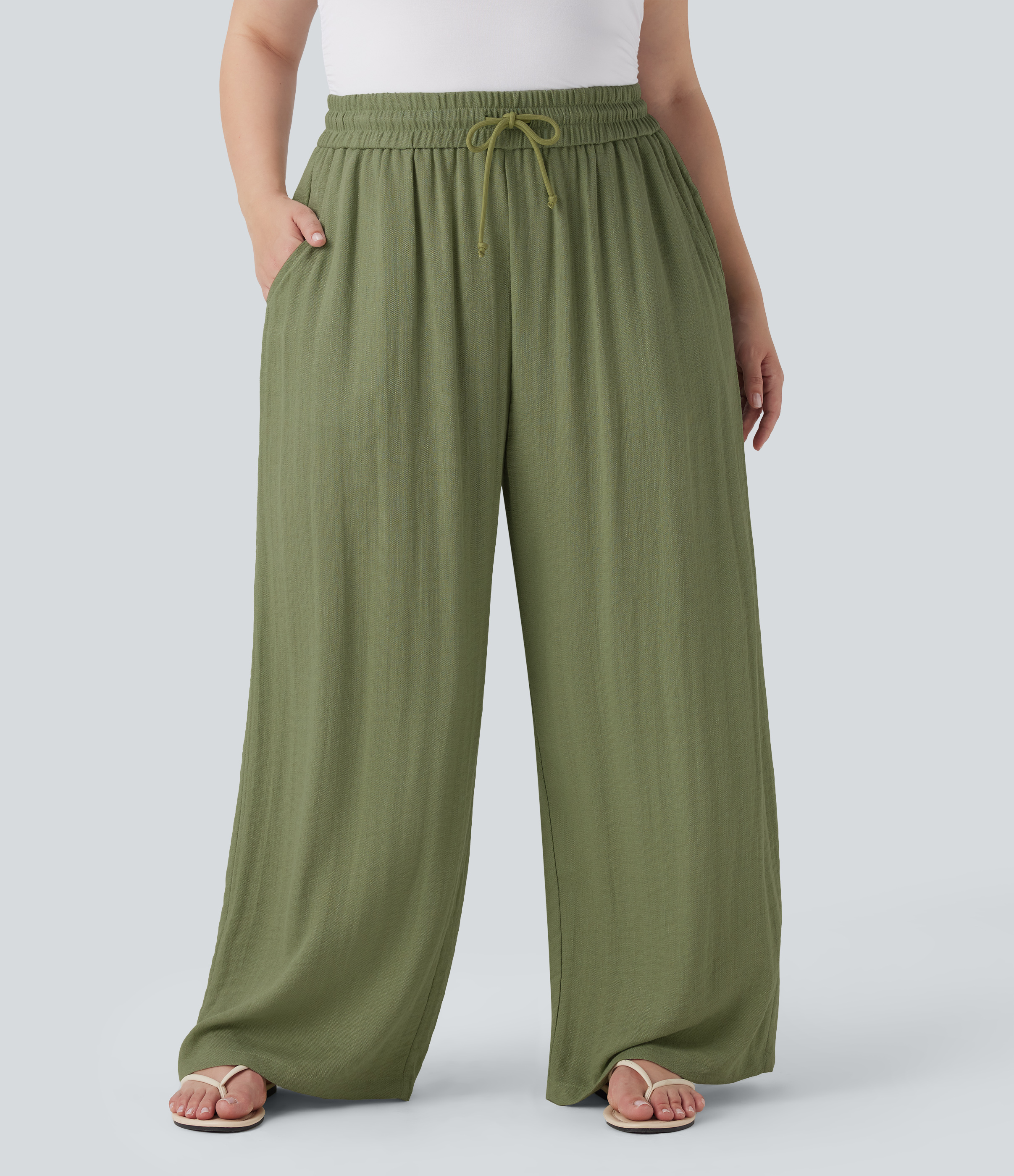 High Waisted Drawstring Linen-Feel Wide Leg Casual Plus Size Pants with Pockets