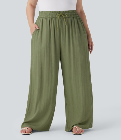 High Waisted Drawstring Linen-Feel Wide Leg Casual Plus Size Pants with Pockets