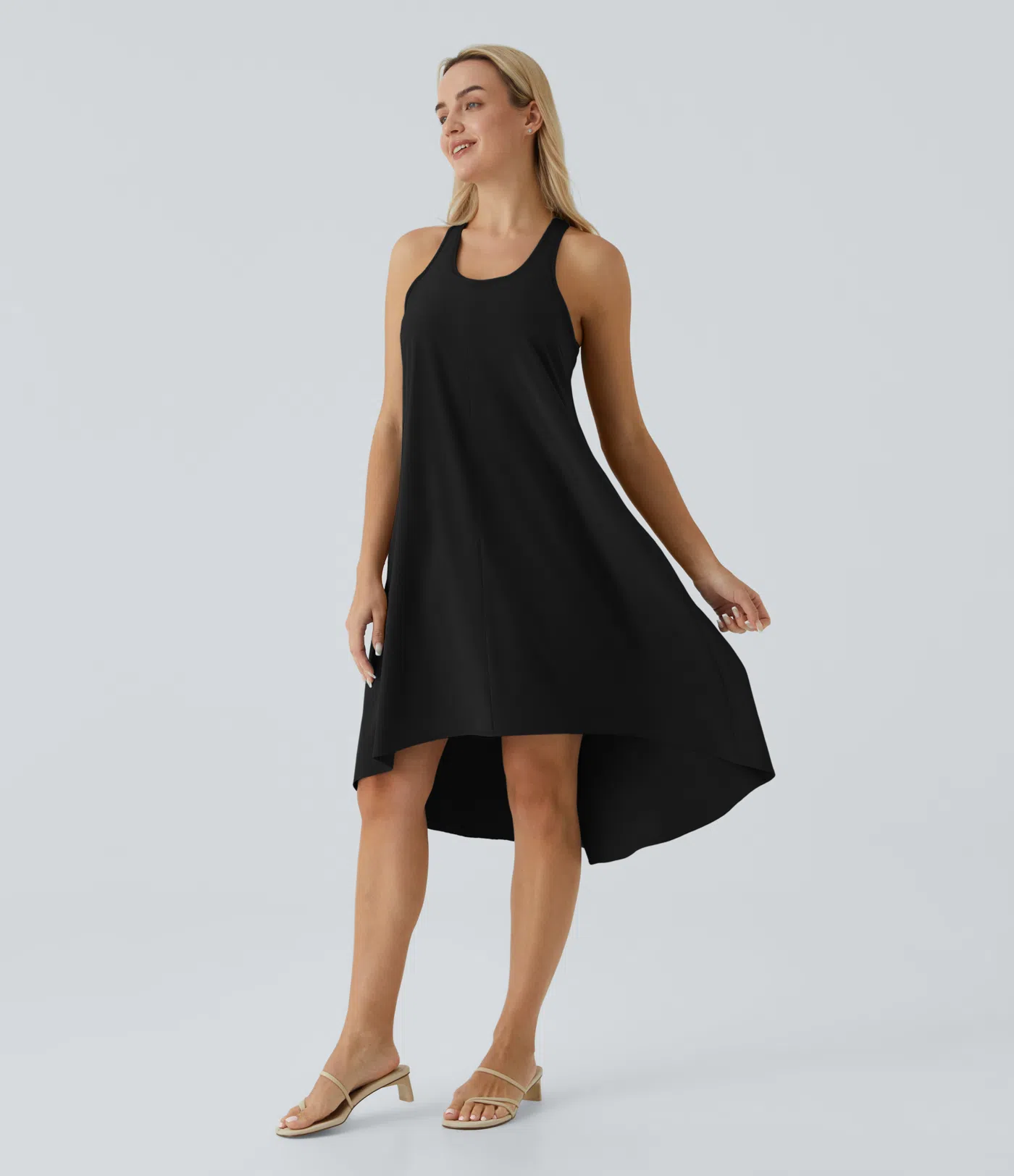 Backless Side-Pocket High-Low Hem Flowy Mid-Length Quick-Drying Casual Dress