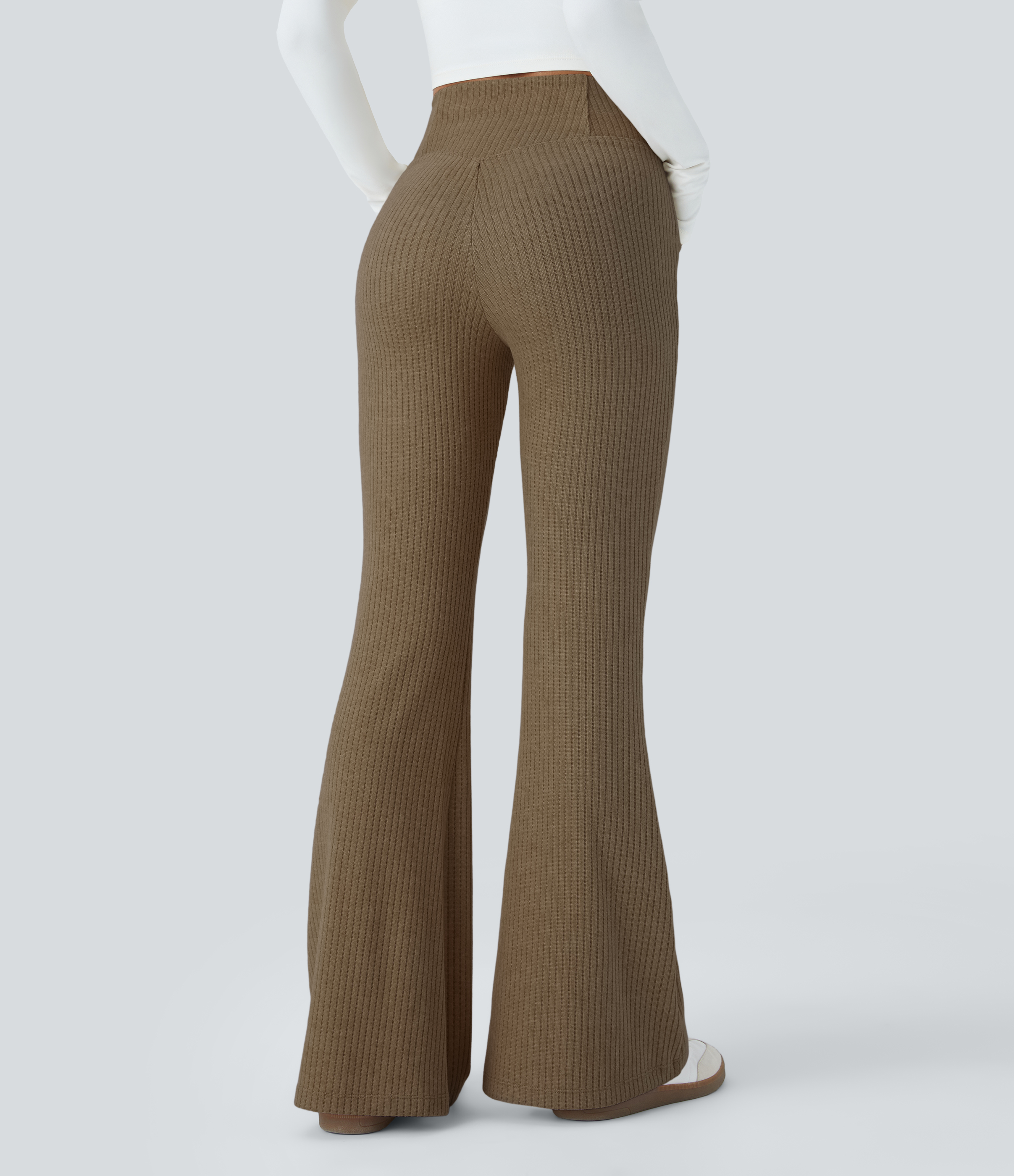 Ribbed Knit Crossover High Waisted Pocket Casual Flare Pants