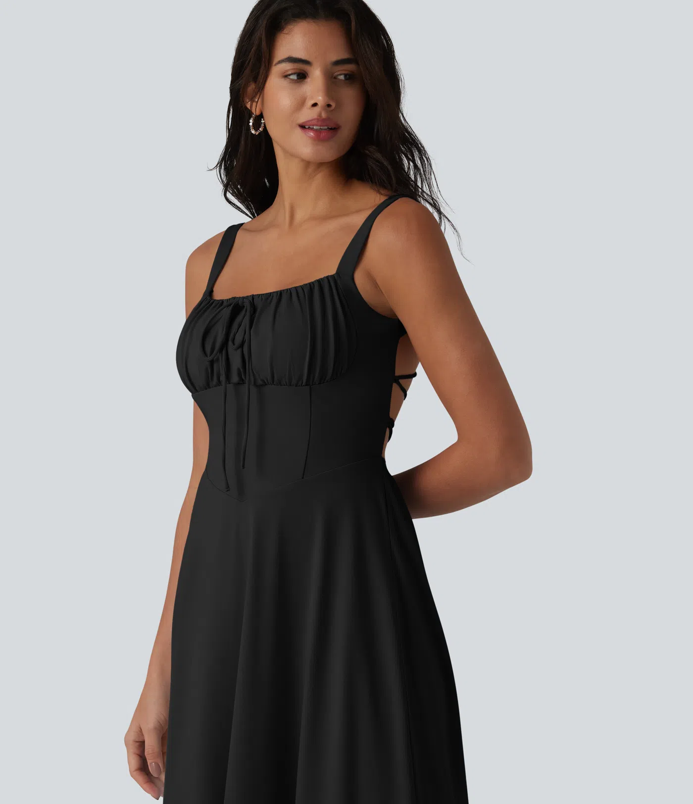Crisscross Backless Square Neck Sleeveless Ruched Built-in Bra Midi Resort Flowy Dress