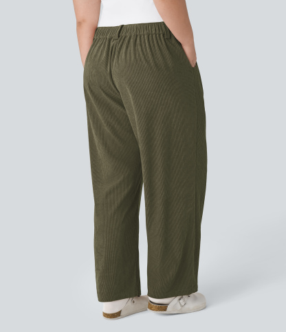 Mid Rise Zipper Pocket Plus Size Corduroy Casual Pants