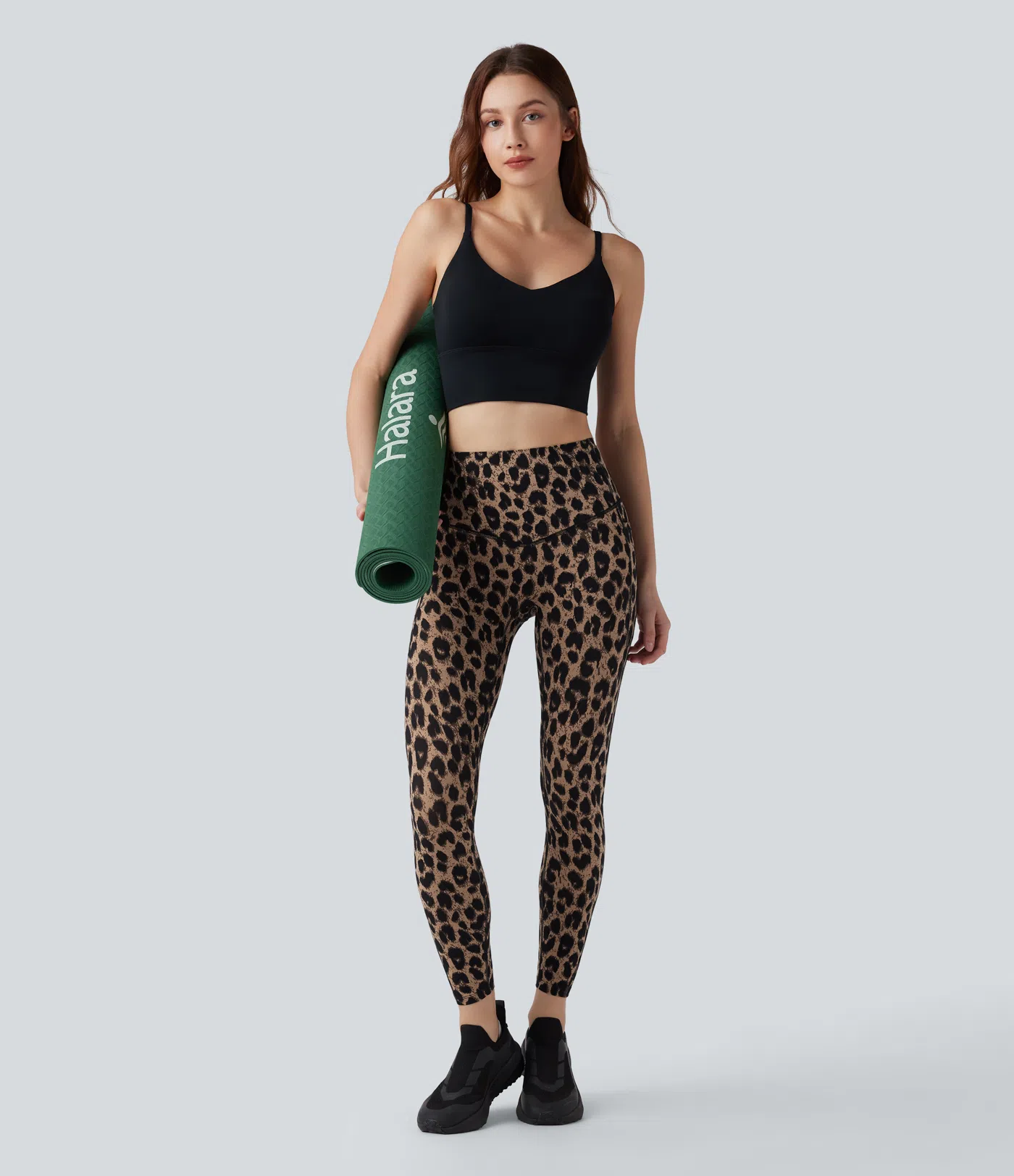 Leopard Print High Waisted Tummy Control Yoga Leggings with Pockets