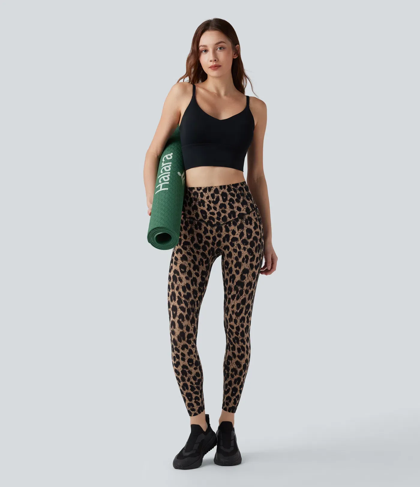 Leopard Print High Waisted Tummy Control Yoga Leggings with Pockets