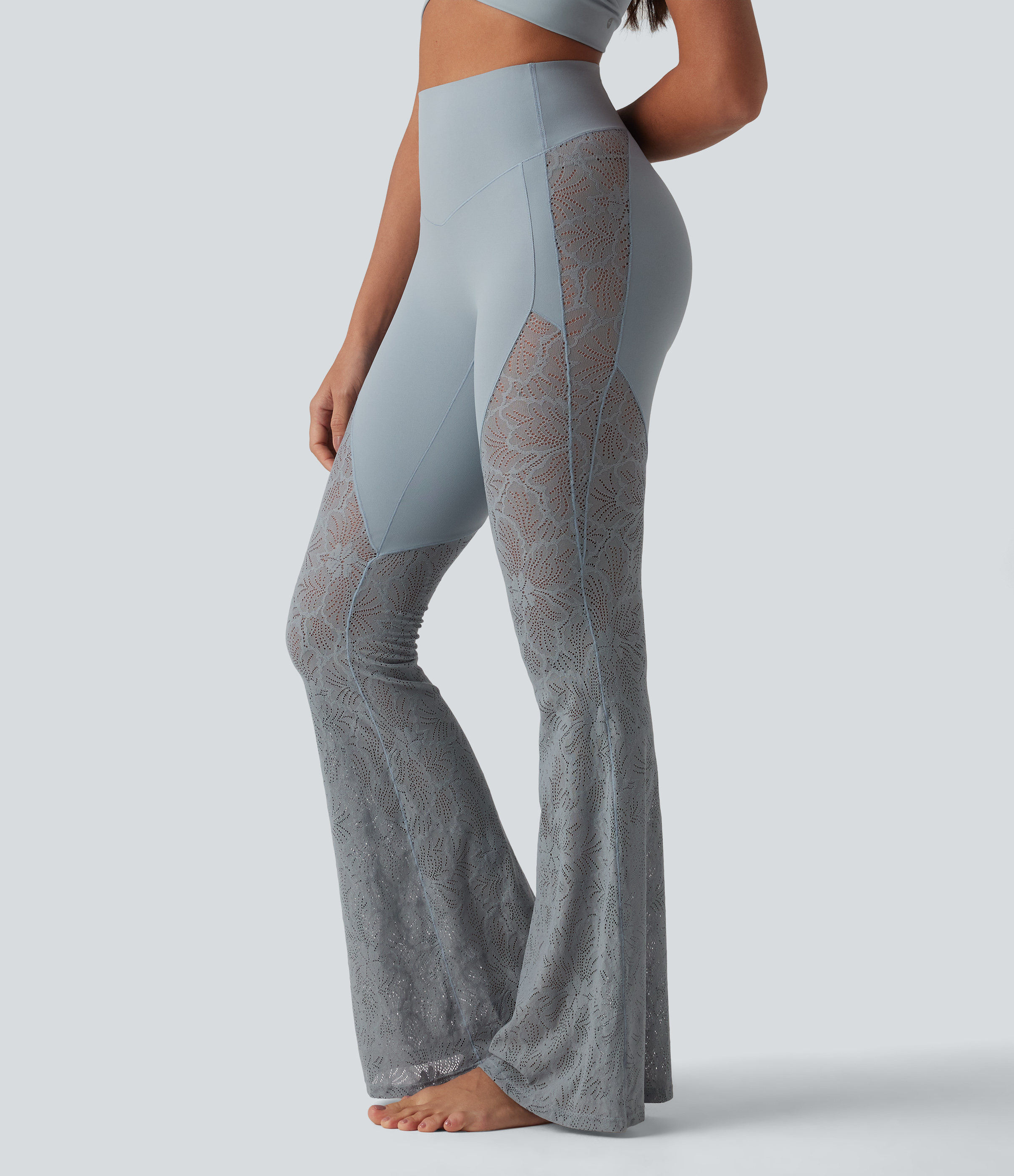 High Waisted Tummy Control Contrast Lace Yoga Flare Leggings with Pocket