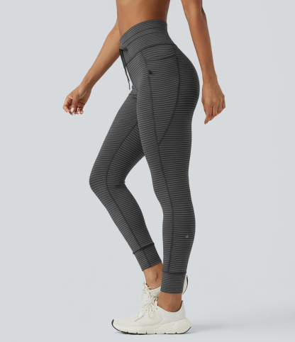 High Waisted Drawstring Striped Yoga Leggings with Pockets