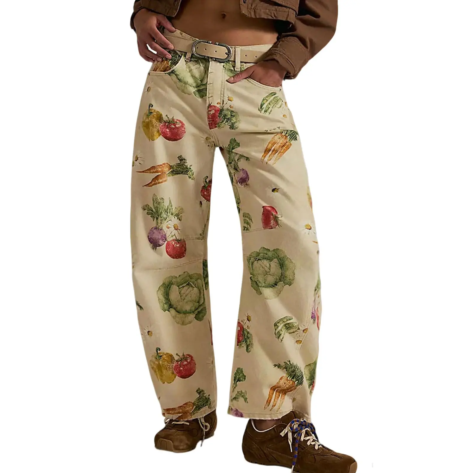 Women's Printed Wide-Leg Jeans Y2k Loose Mid-Rise Jeans in Soft Pink with Boho Floral Pattern Casual Denim Trousers