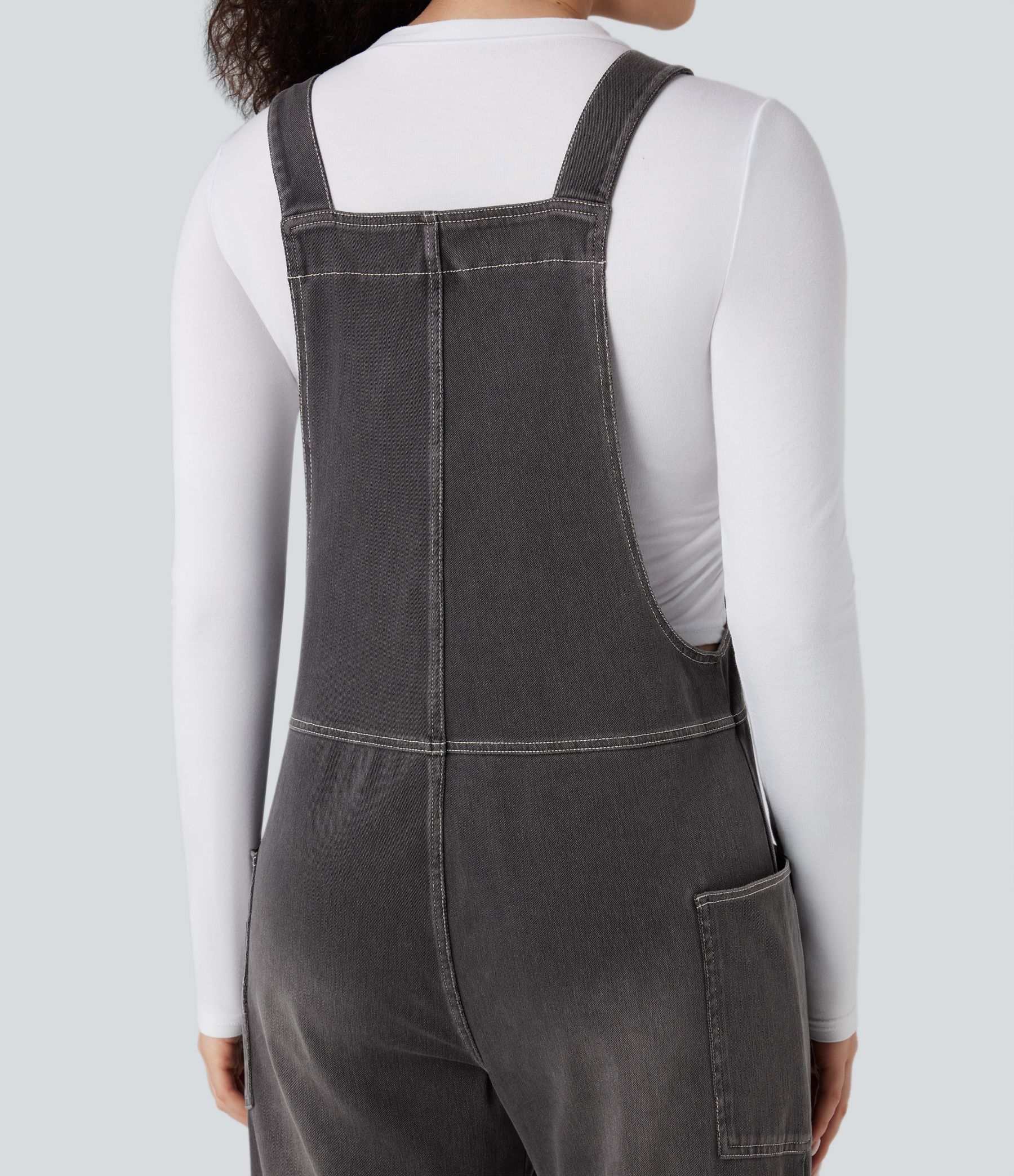 V Neck Pocket Washed Denim Casual Overalls