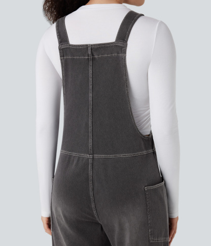 V Neck Pocket Washed Denim Casual Overalls
