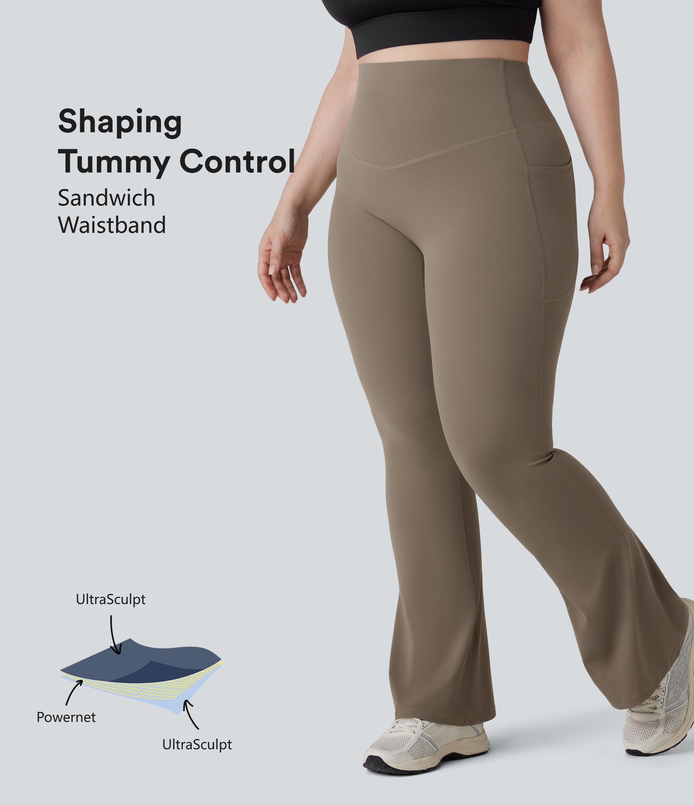 High Waisted Tummy Control Pocket Shaping Yoga Bootcut Plus Size Leggings
