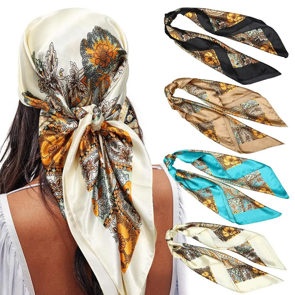 4 Pack Shawl Scarf Set for Women, 35" Large Square Silk-Like Satin Head Wrap, Allover Print Fashion Neck Shawl Accessories for Women, Floral Print Scarf, Decorative Scarf