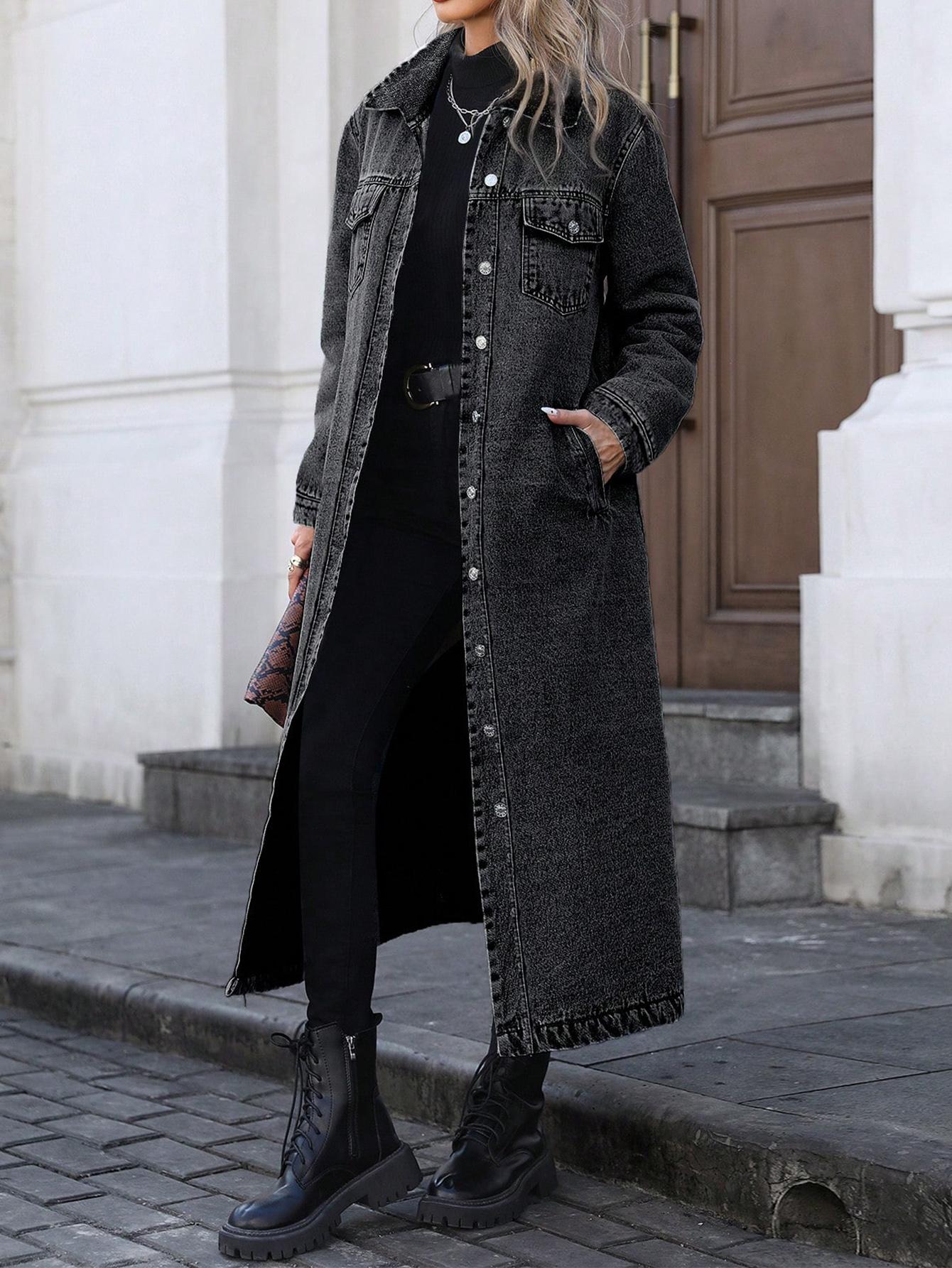 Women's Button Front Denim Coat, Elegant Casual Long Sleeve Denim Jacket for Spring & Fall, Women's Clothing for Daily Wear Women's Button Front Denim Coat, Elegant Casual Long Sleeve Denim Jacket for Spring & Fall, Women's Clothing for Daily Wear
