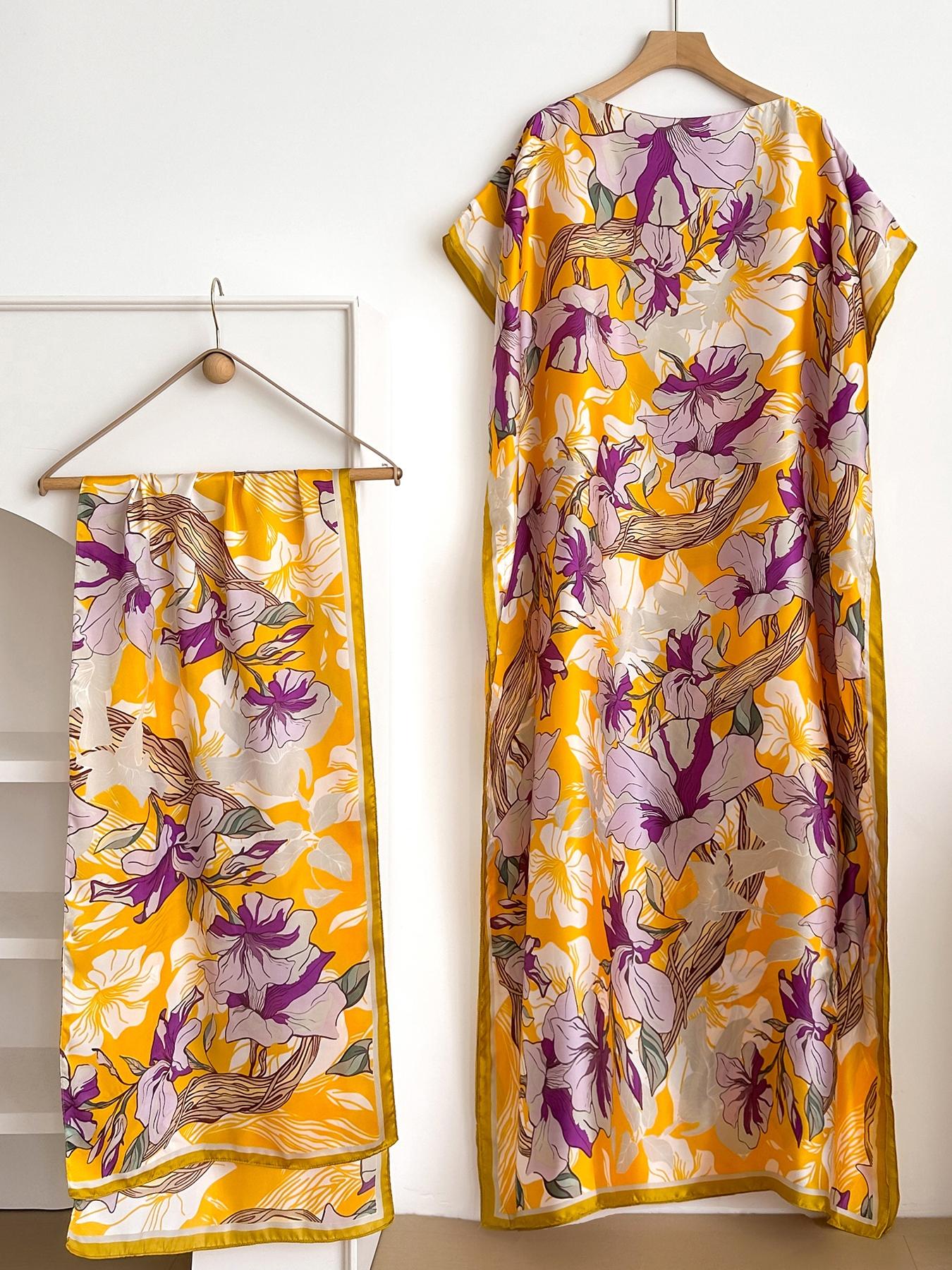 Women's Floral Print Lightweight Long Dress & Scarf Piece Set Outfit, Boho Casual Wear Shawl Dress & Scarf Set for Beach Vacation Holiday, Ladies Clothes for All Seasons