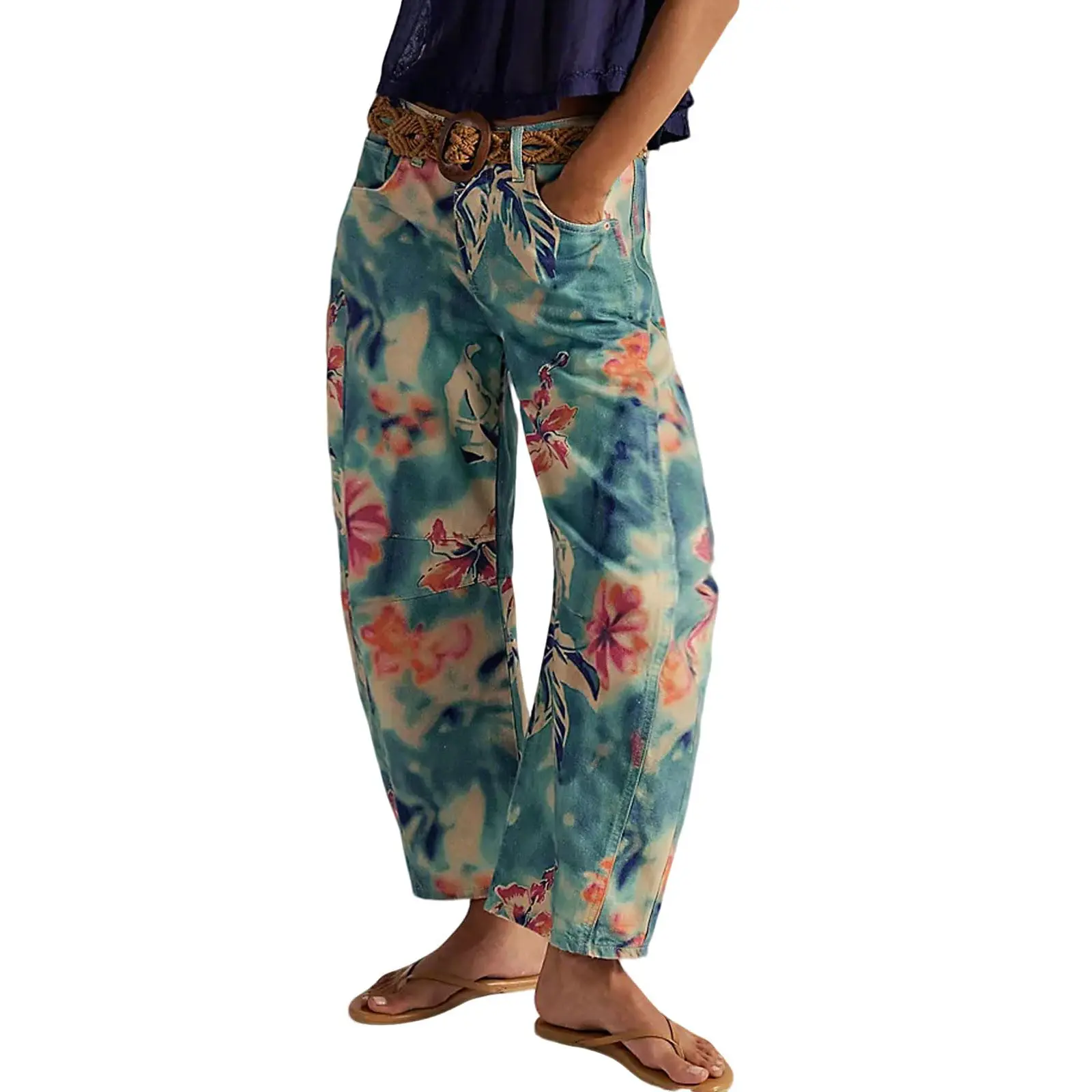 Women's Printed Wide-Leg Jeans Y2k Loose Mid-Rise Jeans in Soft Pink with Boho Floral Pattern Casual Denim Trousers