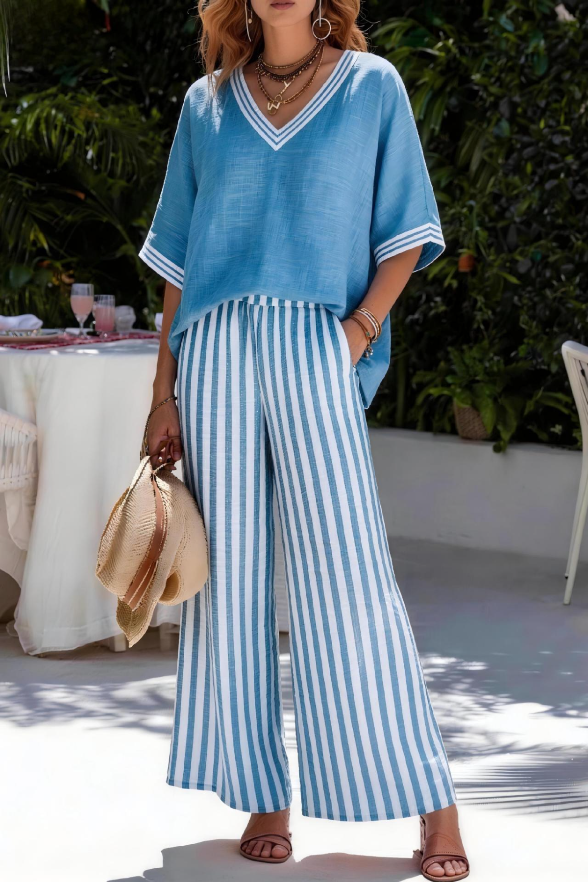 Women's Casual Striped Two-Piece Set — Comfortable, Loose-Fit V-Neck