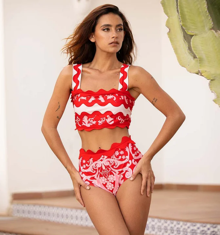 Red Wavy Stripes Printed Bikini Swimsuit and Skirt