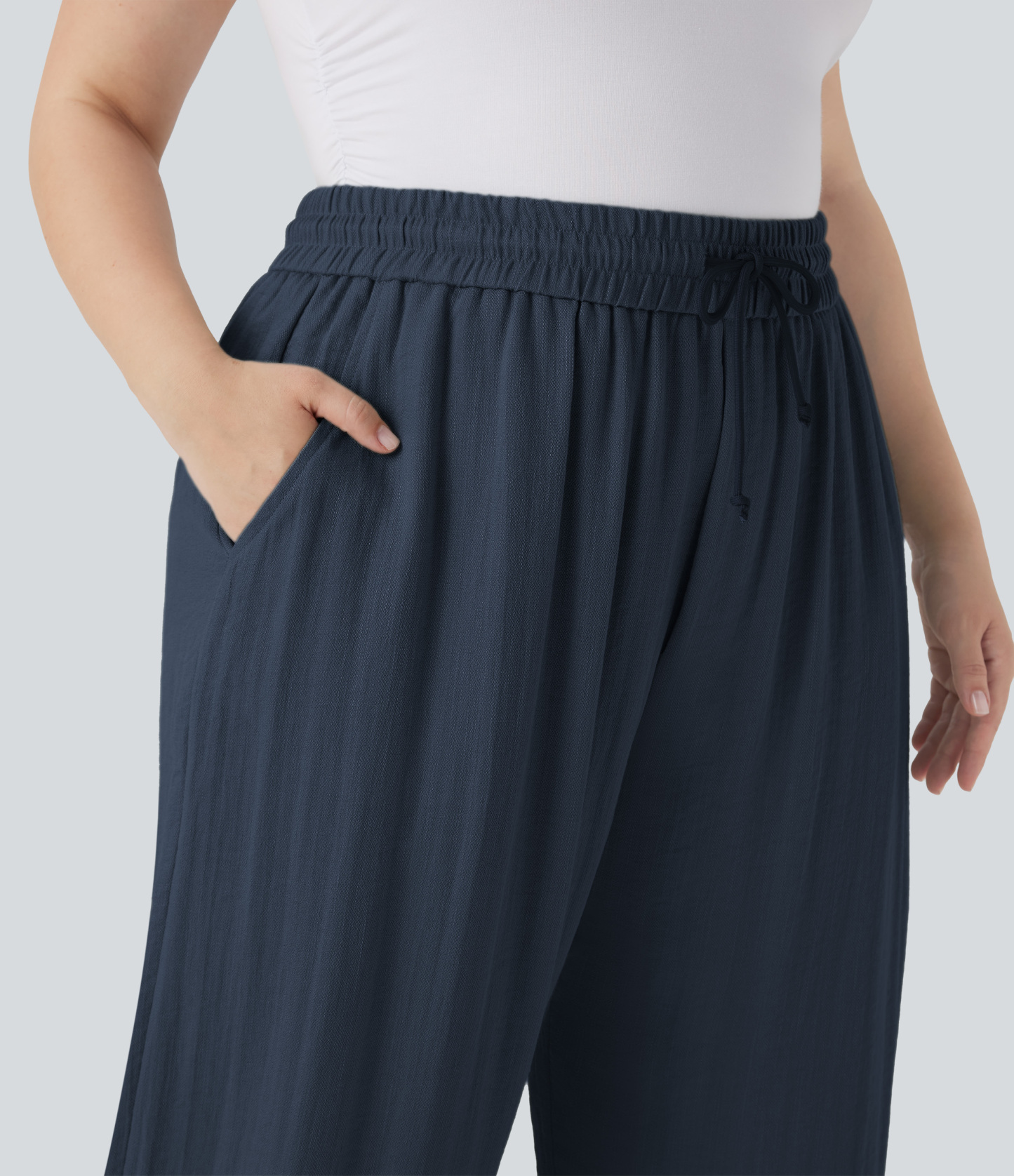 High Waisted Drawstring Linen-Feel Wide Leg Casual Plus Size Pants with Pockets