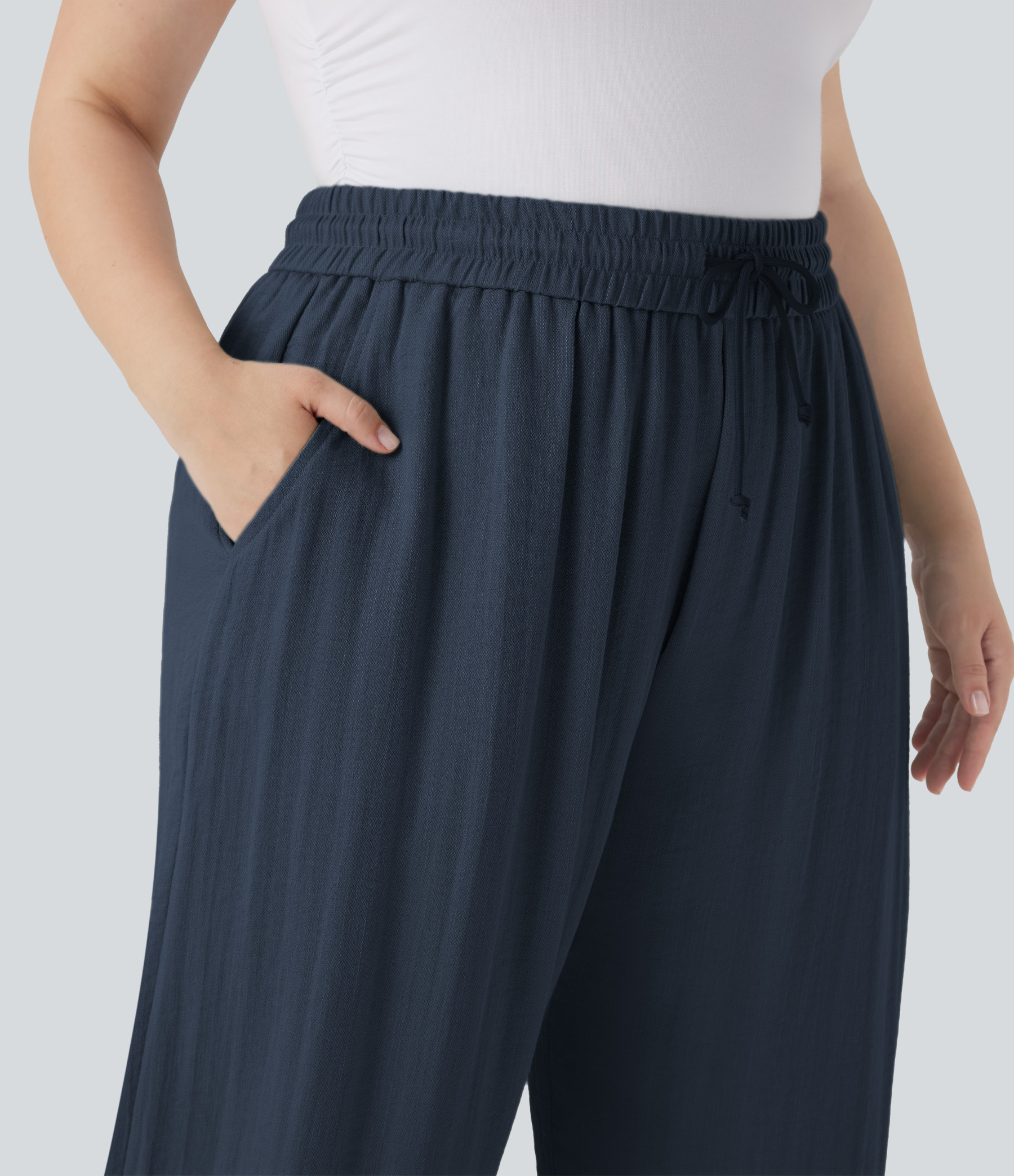 High Waisted Drawstring Linen-Feel Wide Leg Casual Plus Size Pants with Pockets