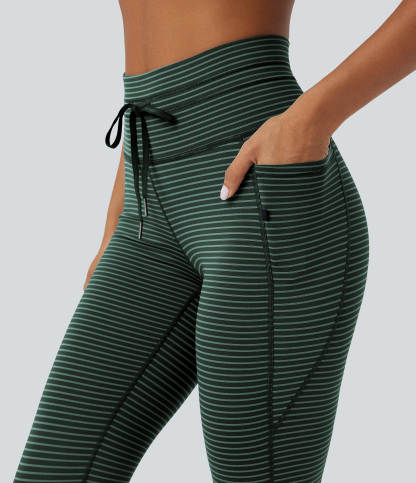 High Waisted Drawstring Striped Yoga Leggings with Pockets