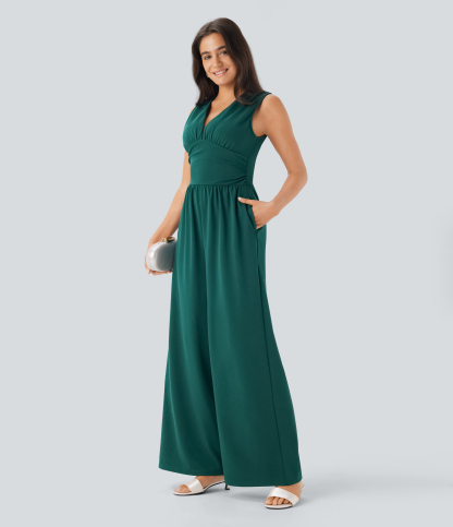V Neck Sleeveless Ruched Pocket Jumpsuit-Easy Peezy