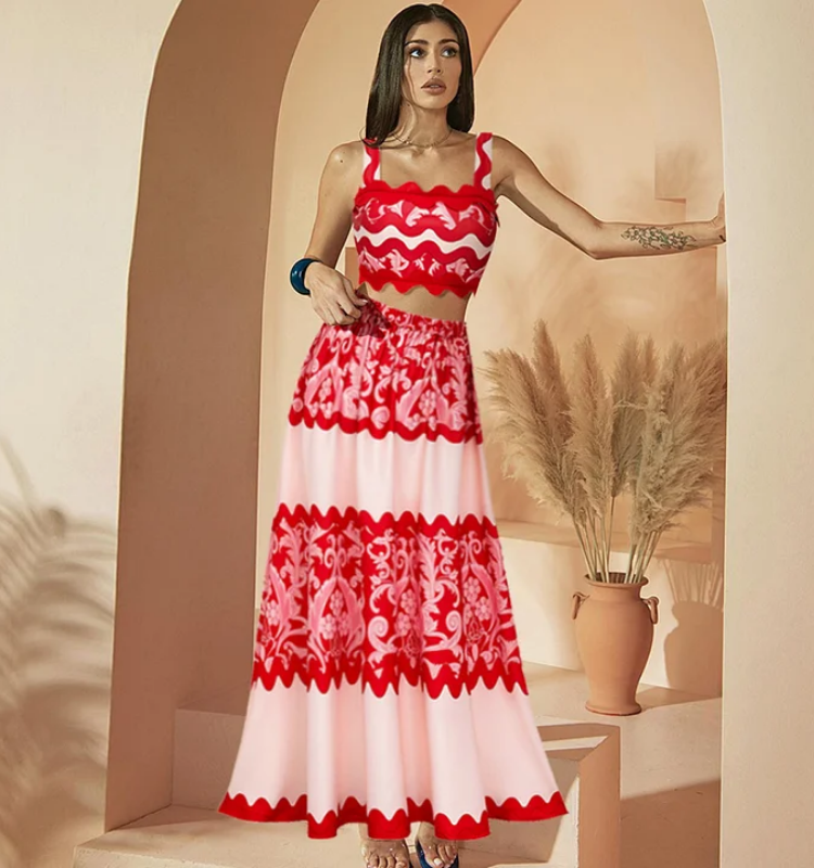Red Wavy Stripes Printed Bikini Swimsuit and Skirt