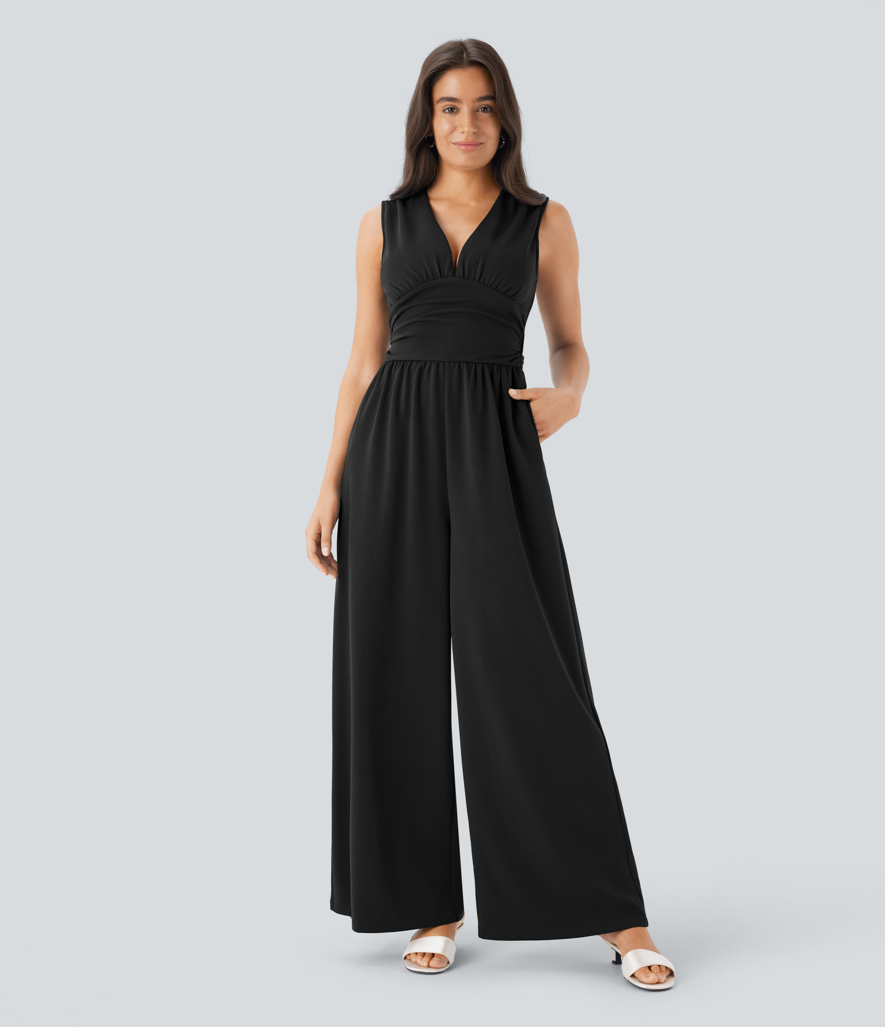 V Neck Sleeveless Ruched Pocket Jumpsuit-Easy Peezy