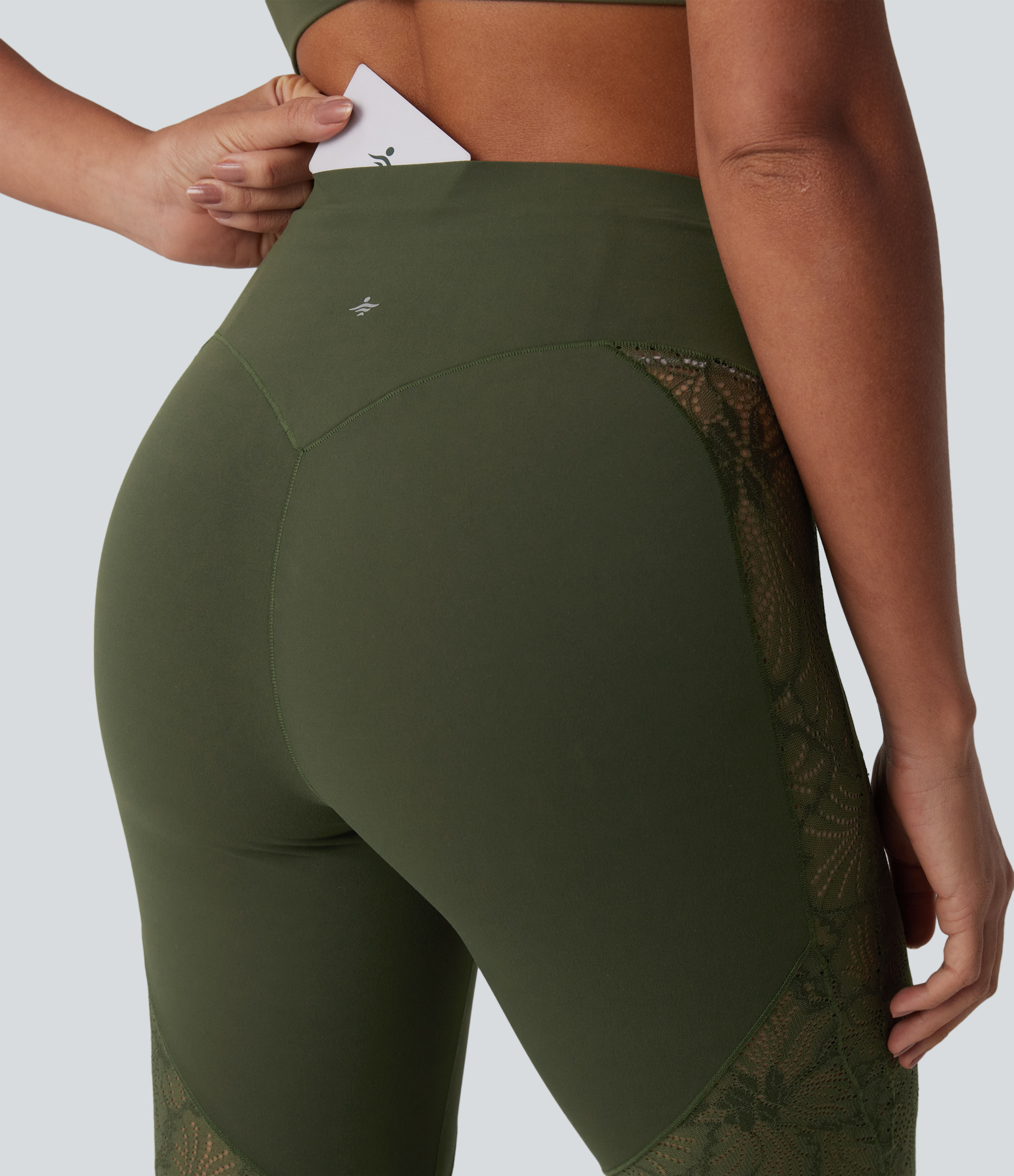 High Waisted Tummy Control Contrast Lace Yoga Flare Leggings with Pocket