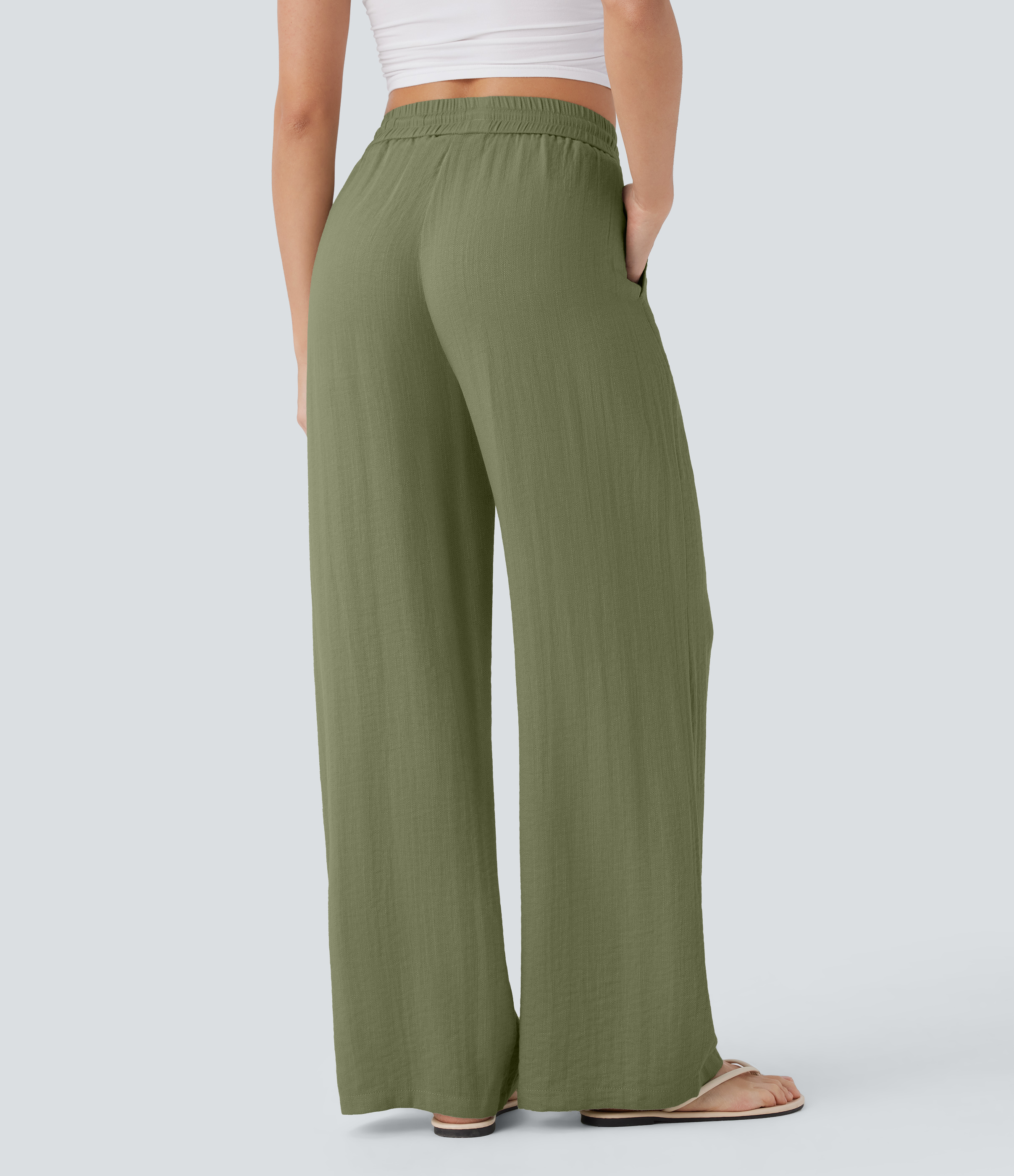 High Waisted Drawstring Pocket Wide Leg Casual Linen-Feel Pants