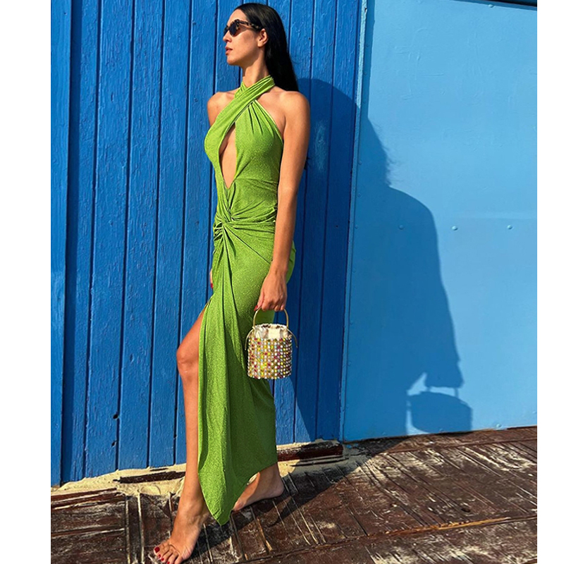 Shiny Texture Pleated Design One Piece Halter Swimsuit and Skirt